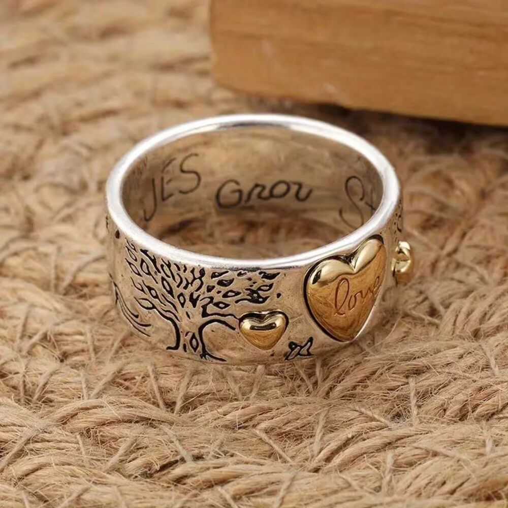 Wide 2-Tone Silver & Gold Etched Band Ring Textured Chunky Love Heart Star sz 8